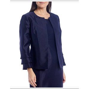 Kasper Women's Shantung Open Front Ruffle Sleeve Statement Jacket Navy Size 8
